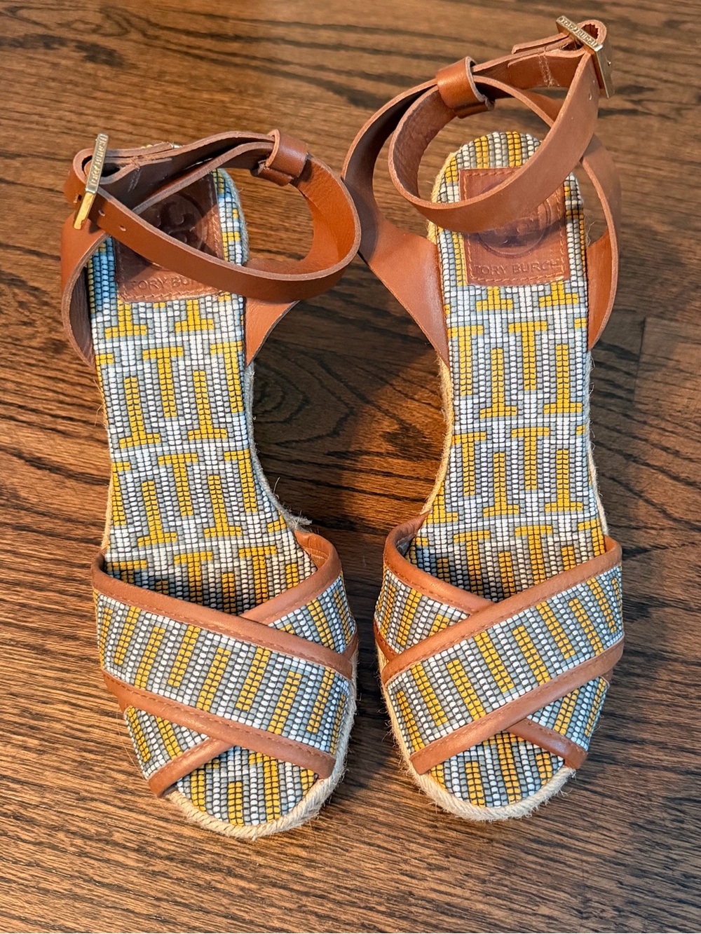 Tory Burch Geometric Print Espadrille Wedge Sandals